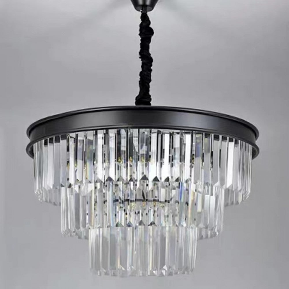 Crystal Droplet Chandelier with Luxurious Black Trim Finish Round 3-Tier K9 - Light fixtures UK