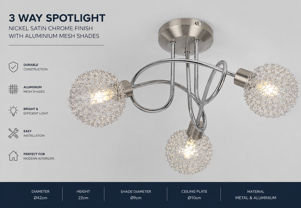 3 Way Spotlight in Nickel Satin Chrome Finish with Aluminium Mesh Shades