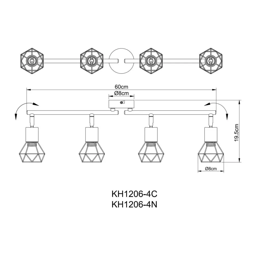 Diagram of UKEW Cage Ceiling Light Bar with Four Rotatable Shades in Chrome or Satin Finish, 60cm Length, and LED Technology