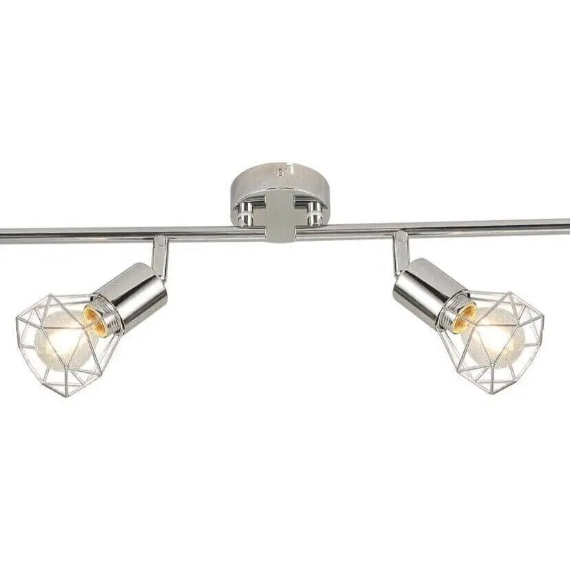 Industrial ceiling light bar with chrome finish and two rotatable cage shades using LED technology from UKEW Lighting.