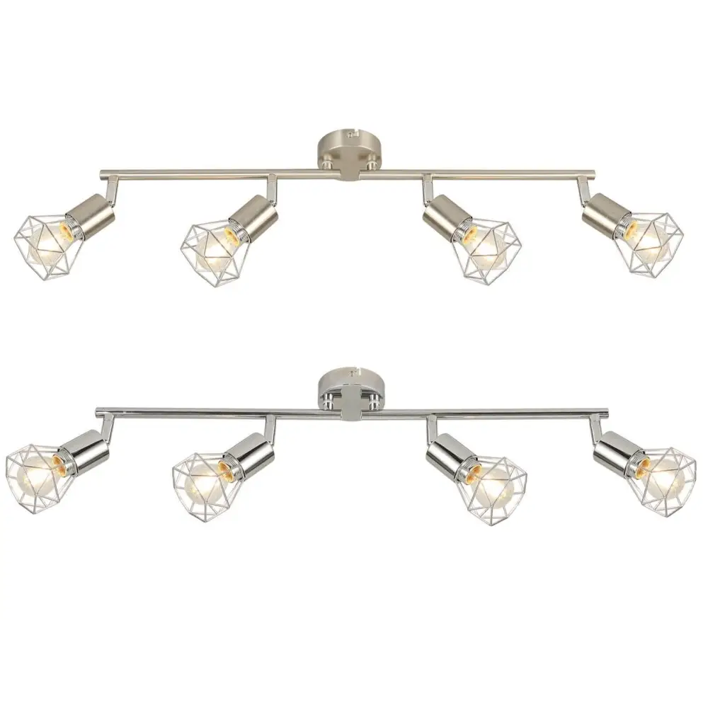 Cage ceiling light industrial 4-way fitting with rotatable shades in chrome and satin finishes, energy-efficient LED technology.