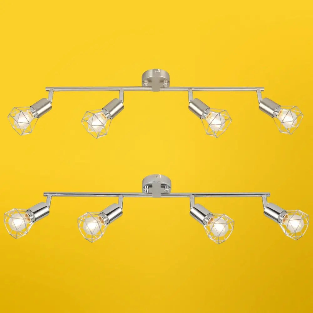 Cage ceiling light with 4-way fitting and rotatable shades in chrome finish against a yellow background.