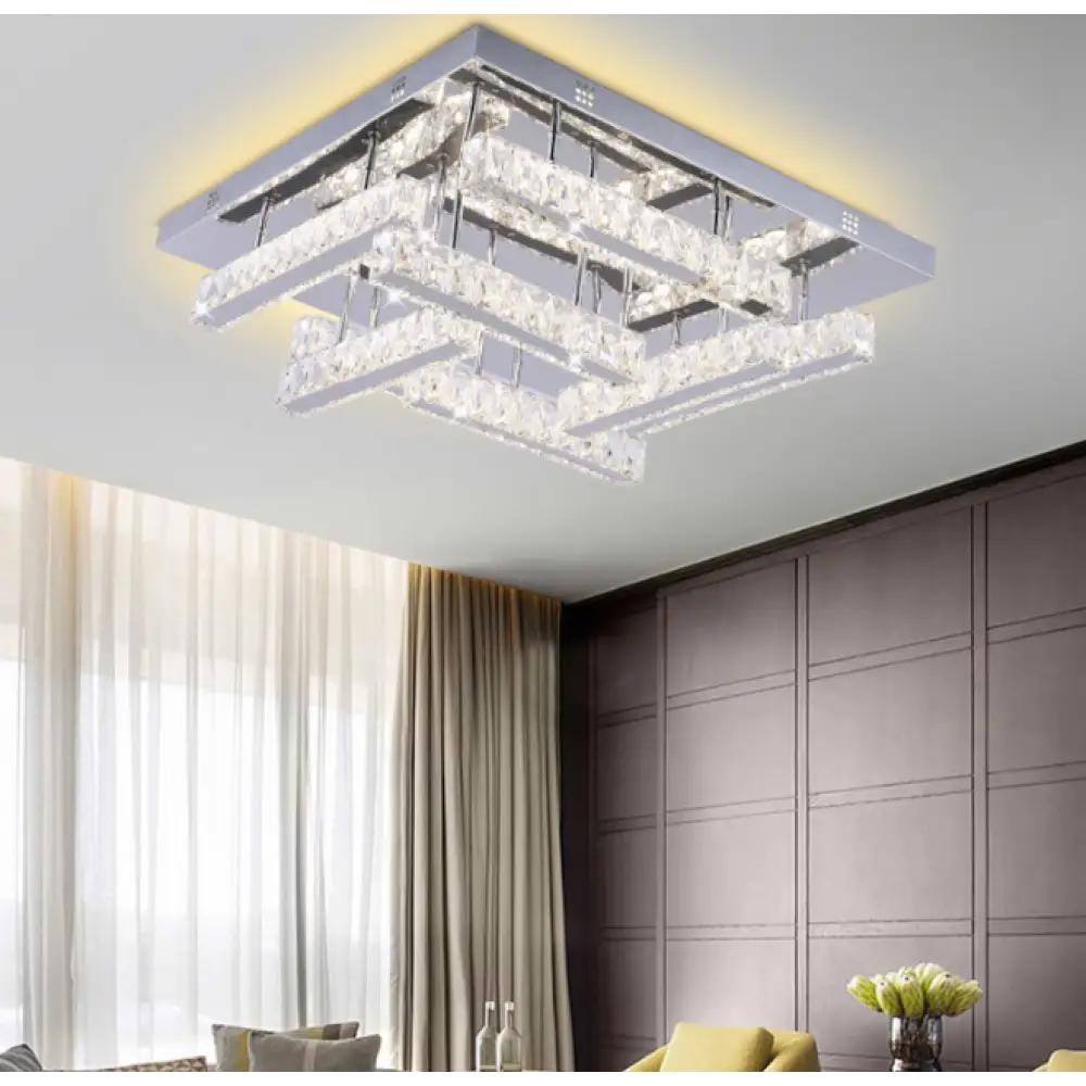 Crystal Square Flush Dimmable LED CCT Adjustable Chandelier Light Chrome UKEW