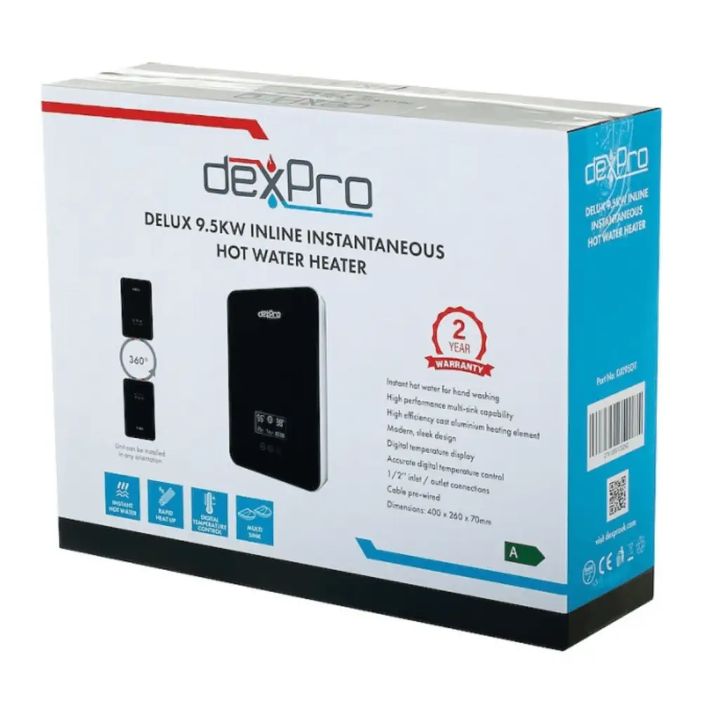 Dexpro Delux 9.5kW Digital Instant Water Heater packaging showcasing features and 2-year warranty.