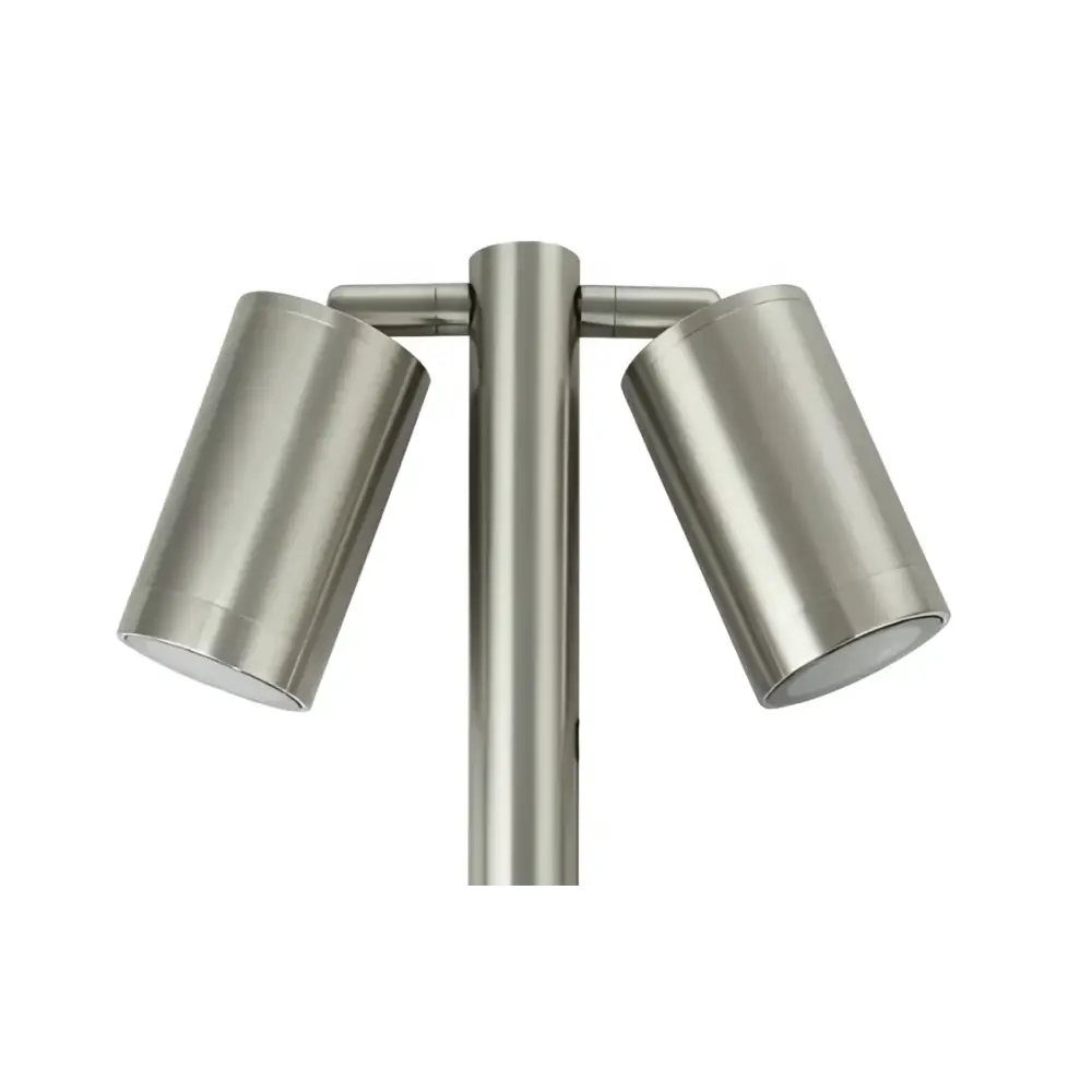 Twin aluminium garden spike lights with satin finish, powered by solar energy for outdoor use, stylish and durable, UKEW brand.