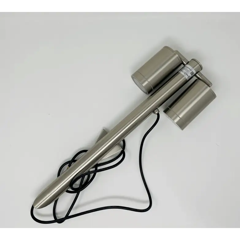 Garden spike lights twin aluminium satin finish with solar-powered GU10 bulbs, UKEW brand, 240V, laid on white background.