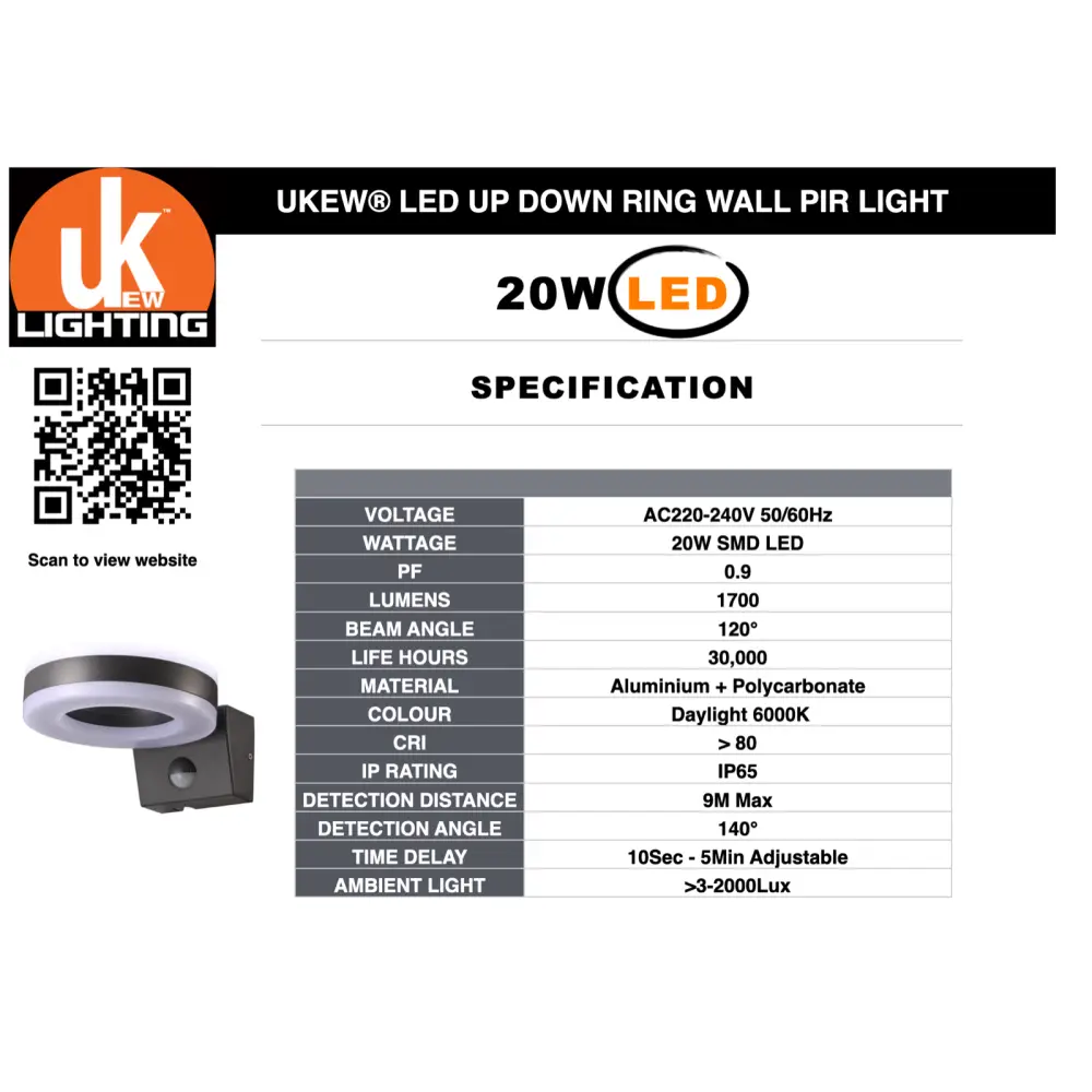 Outdoor LED Black PIR Ring Light Cool White Waterproof 20W, IP65 UKEW
