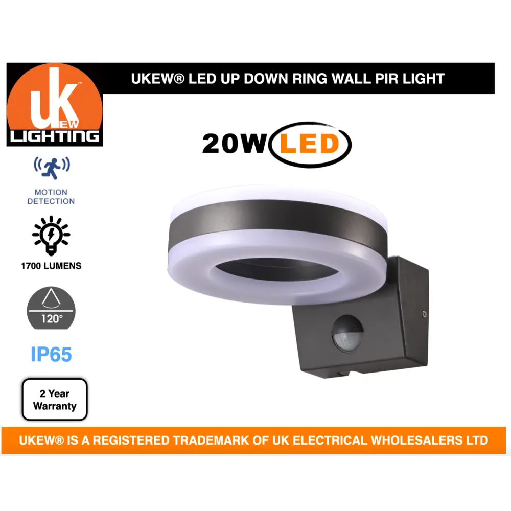 Outdoor LED Black PIR Ring Light Cool White Waterproof 20W, IP65 UKEW