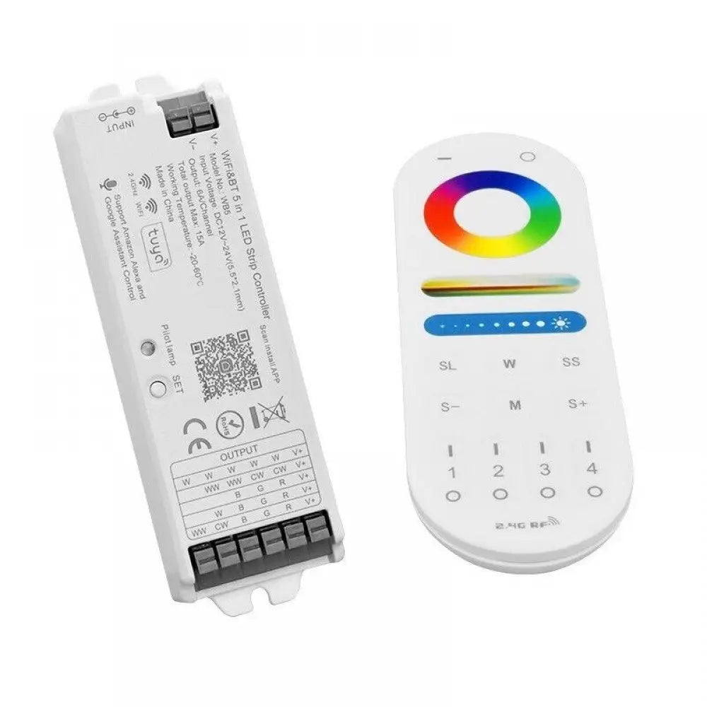 LED strip controller with 12-24V DC input and RF remote for RGB and RGBW strip lighting