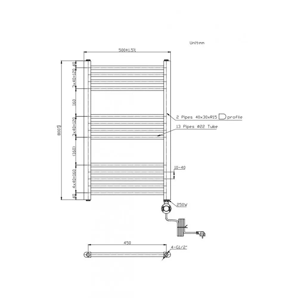 300W Electric Liquid Filled Towel Radiator Straight Matt Black With Thermostat 800 X 500 - Light fixtures UK