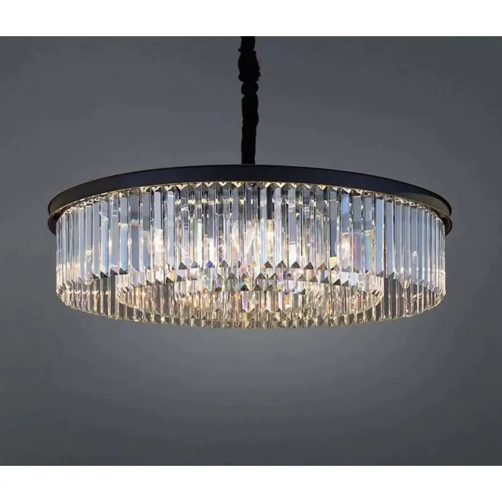 Modern black crystal chandelier with round pendant design and sparkling crystal accents for elegant lighting