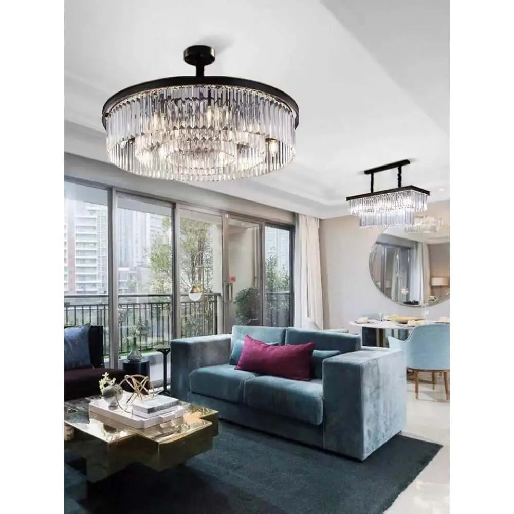 Crystal chandelier modern black K9 round pendant ceiling light in elegant living room setting.