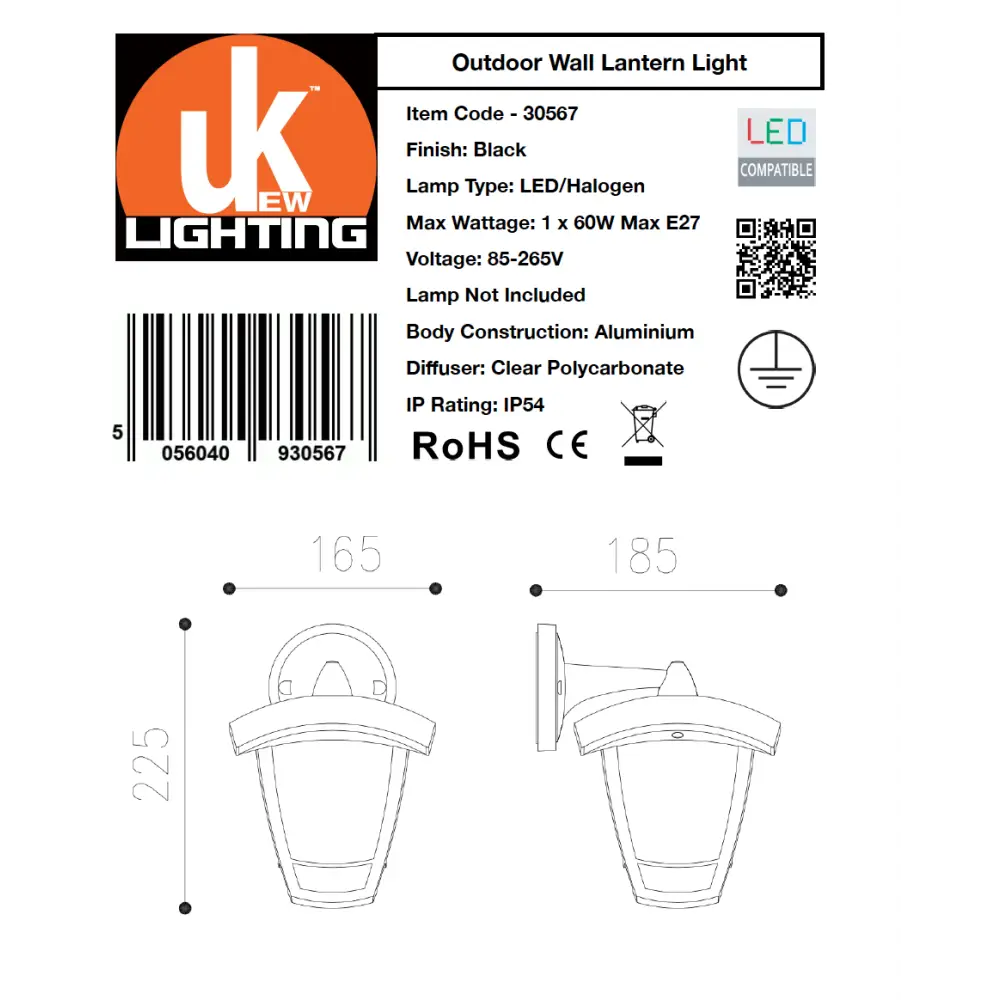 Wall Light IP54 Garden Lantern Modern Black LED Outdoor waterproof UKEW lighting