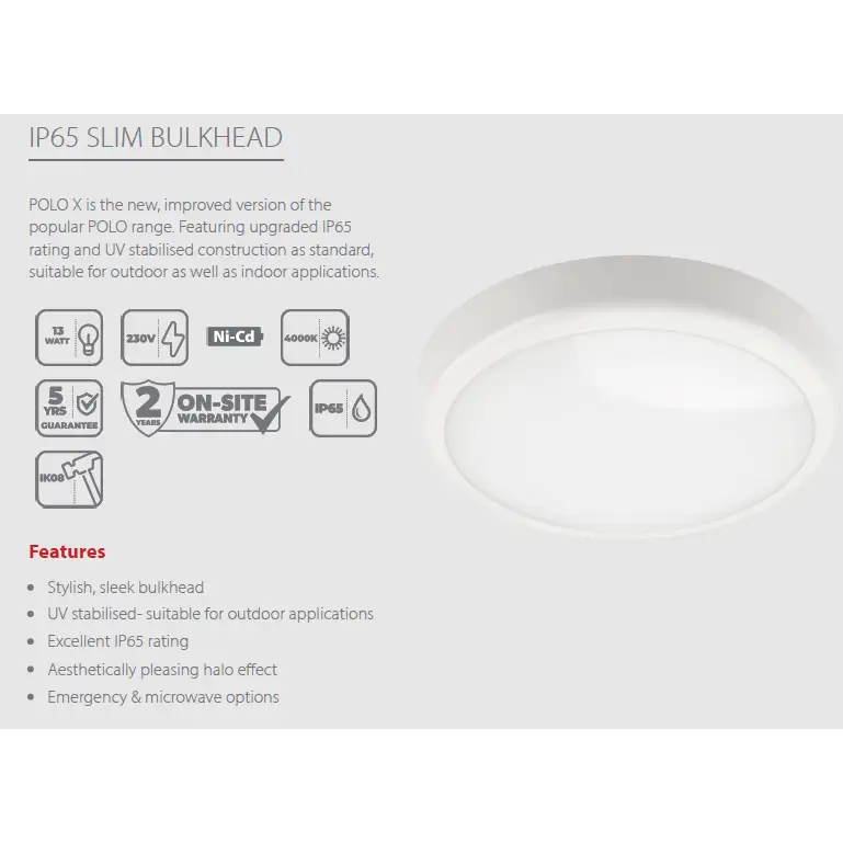 POLOX Red Arrow 13W LED Emergency Motion Sensor Ceiling Bulkhead Light IP65 4000K with UV stabilized construction and 2-year on-site warranty