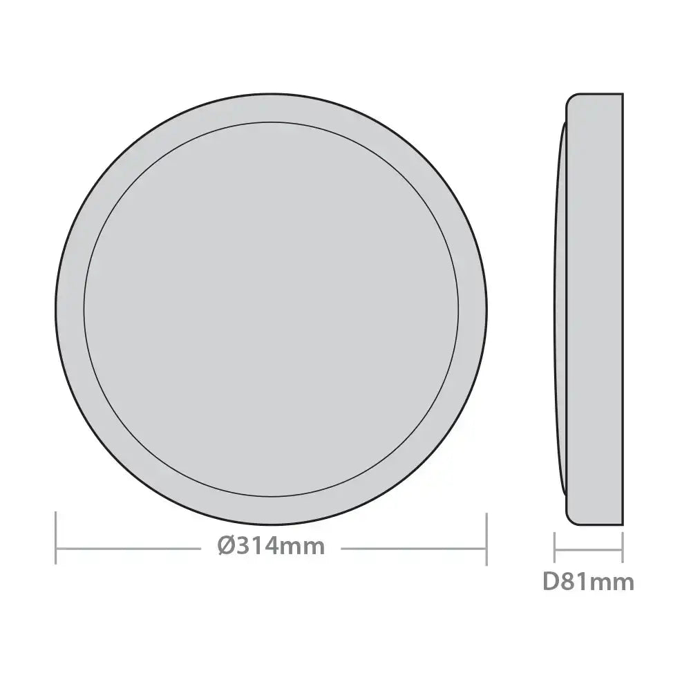 Diagram of POLO X Red Arrow 13W LED Emergency Motion Sensor Ceiling Bulkhead Light dimensions, Ø314mm diameter and D81mm depth.