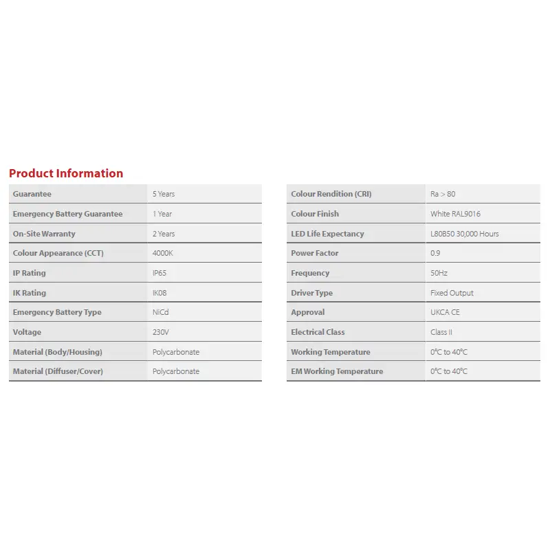 Product information for POLOX Red Arrow 13W LED Emergency Motion Sensor Ceiling Bulkhead Light IP65 4000K, including specifications and features.