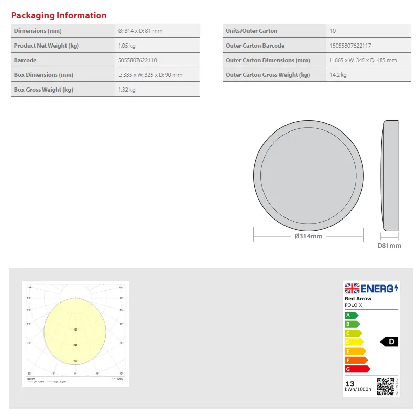 Packaging information and dimensions for POLOX Red Arrow 13W LED Emergency Motion Sensor Ceiling Bulkhead Light IP65 4000K