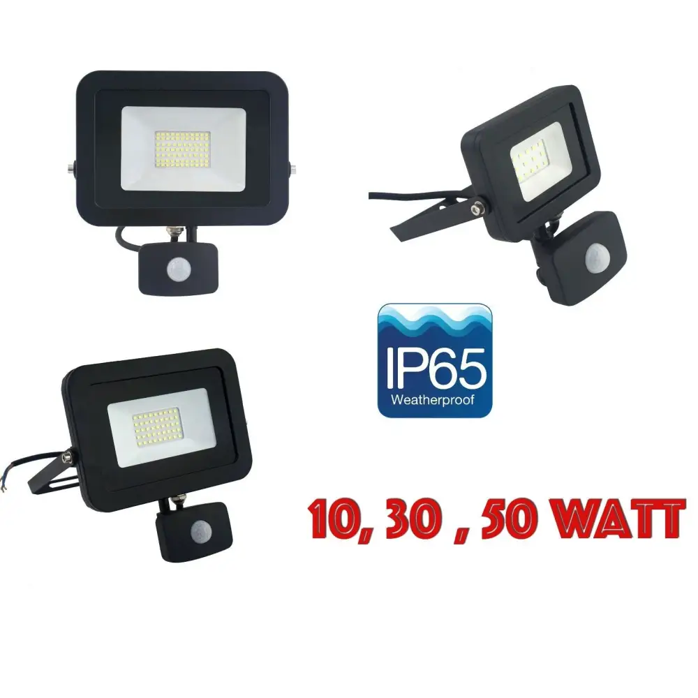 UKEW Slim LED Floodlight 10, 30, 50 Watt, PIR Sensor, Rain safe, Black,IP65 UKEW