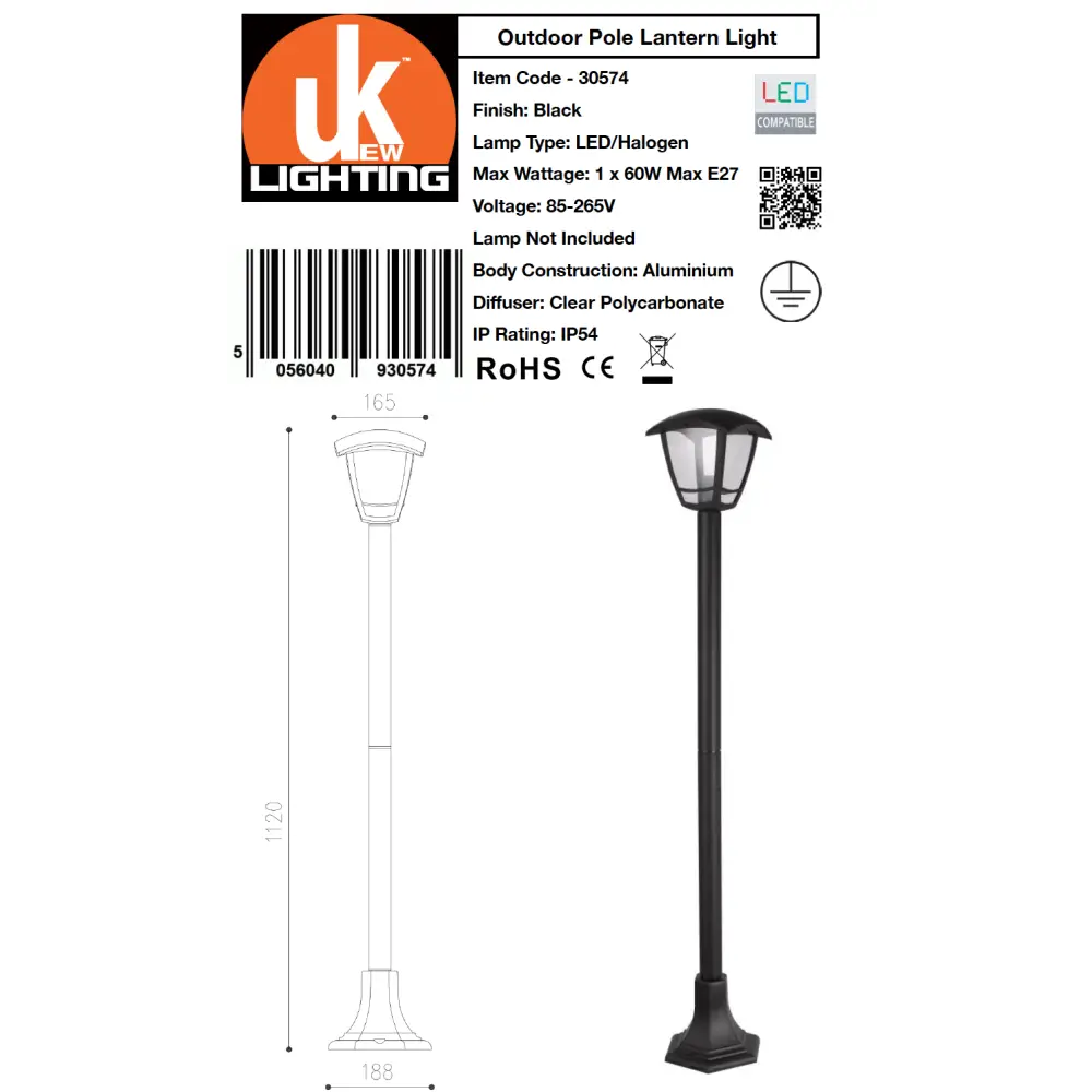 Traditional Black IP54 Outdoor Garden Bollard Light Lamp Post UKEW lighting