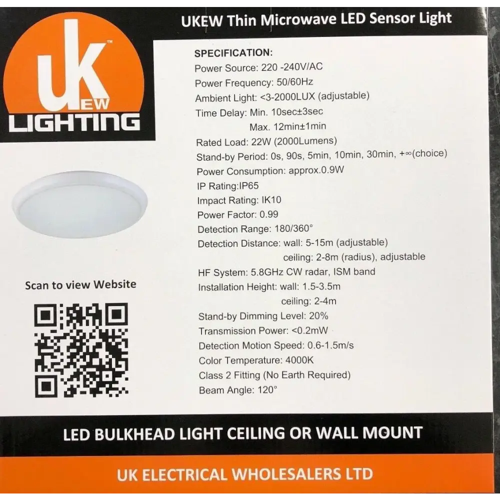 22w Ultra slim thin bulkhead LED microwave sensor Light, IP 65, IK10, 4000K UKEW®