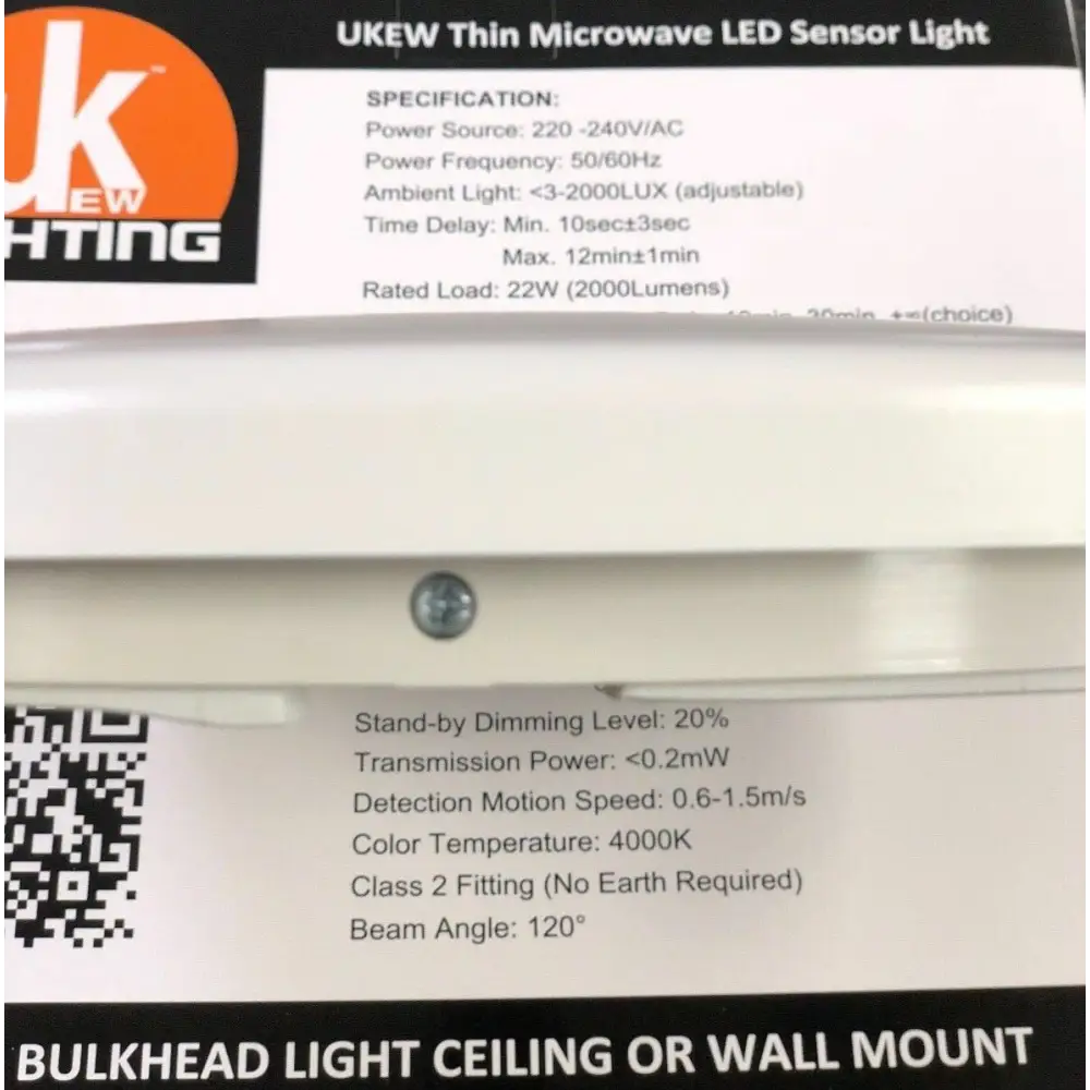 22w Ultra slim thin bulkhead LED microwave sensor Light, IP 65, IK10, 4000K UKEW®