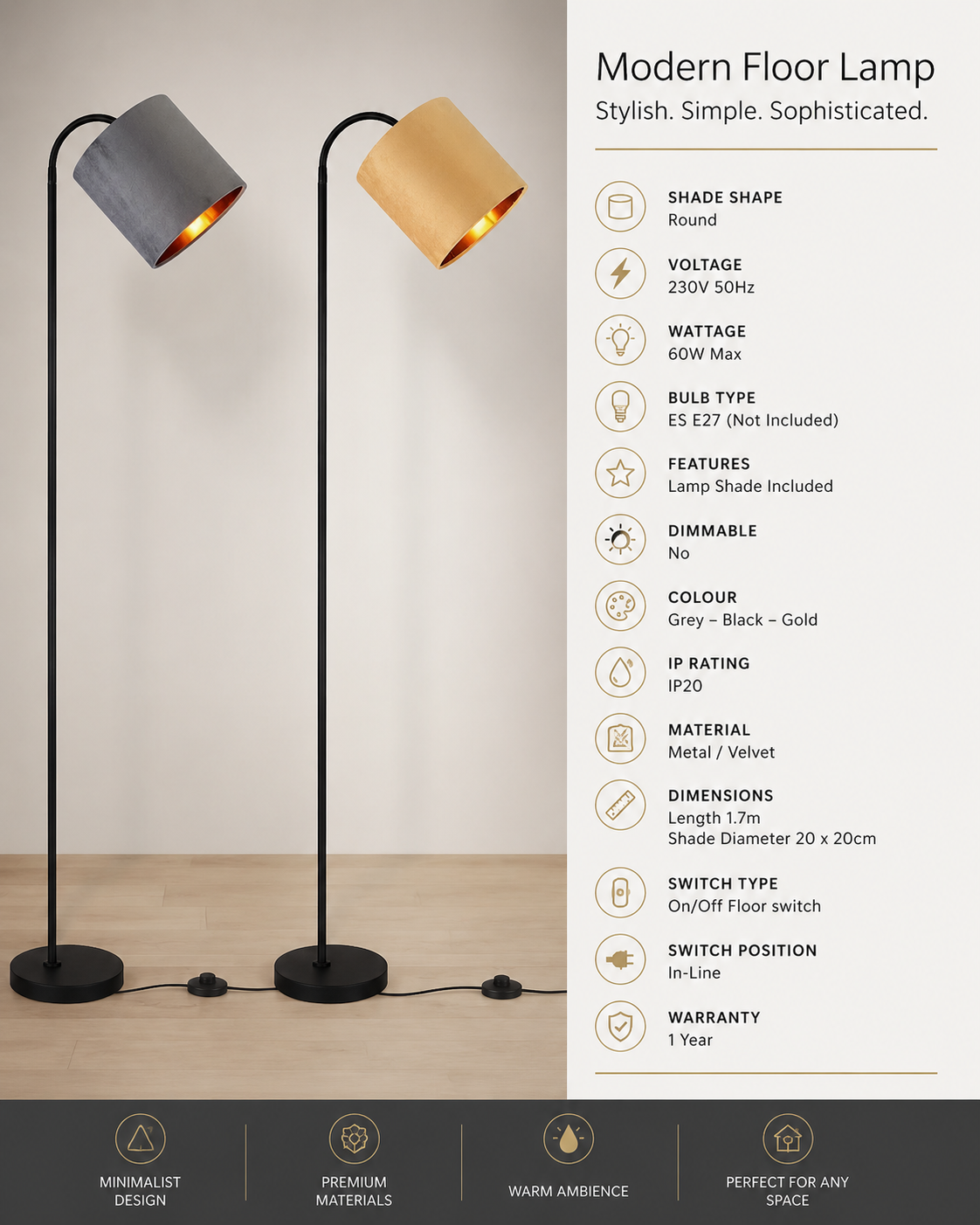 Modern Floor Lamp Adjustable Standing Lampshade Reading Light