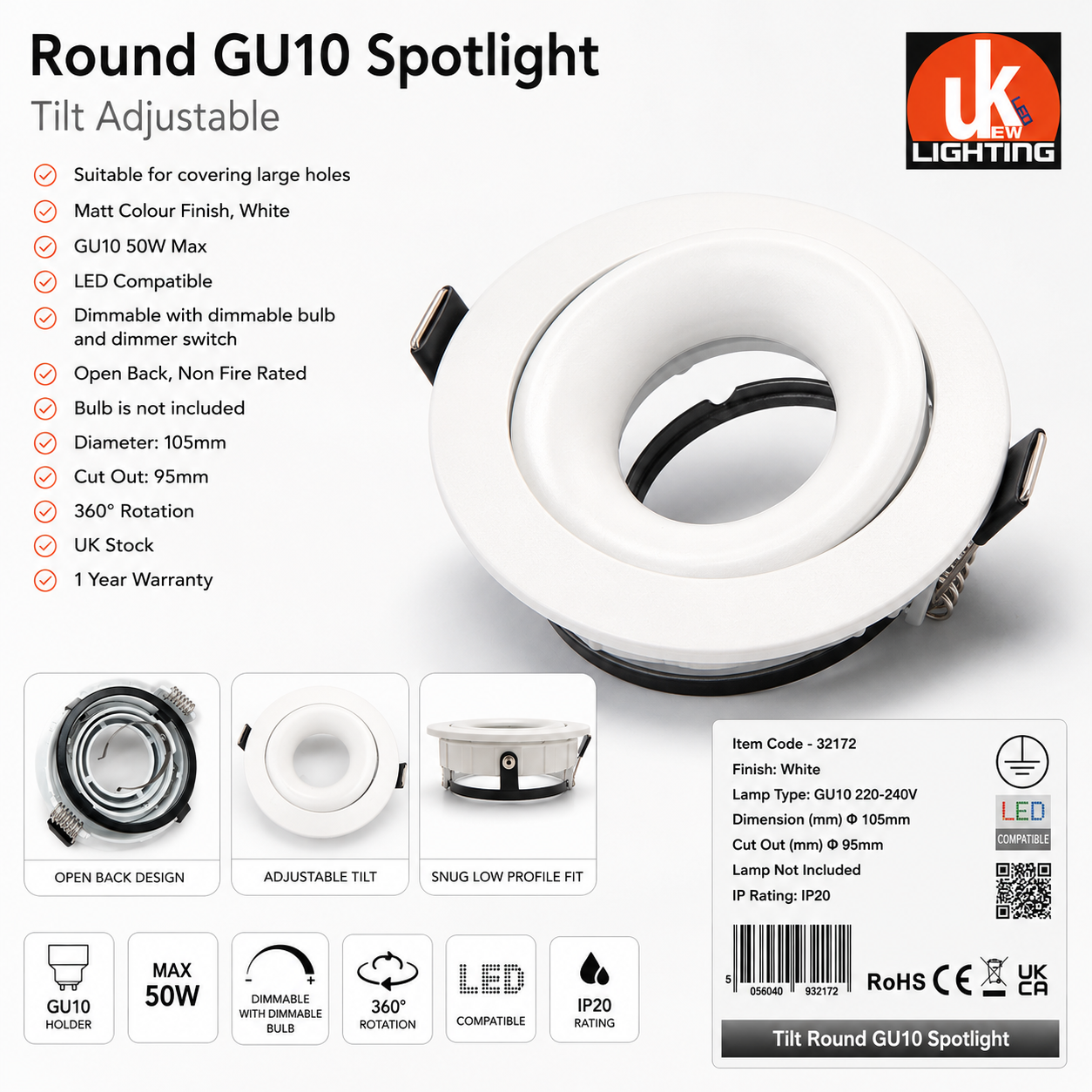 Round GU10 Spotlight Tilt Adjustable for Large Area Lighting in White