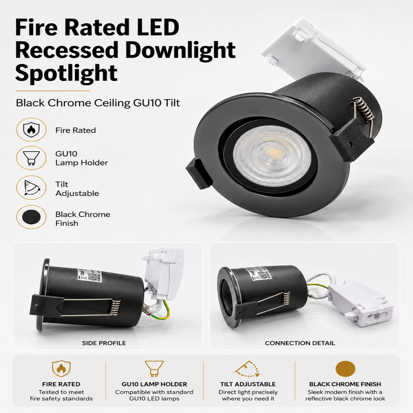 Tilt Fire Rated GU10 Twist Lock Low Profile Ceiling Downlight Black Chrome