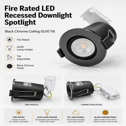 Tilt Fire Rated GU10 Twist Lock Low Profile Ceiling Downlight Black Chrome