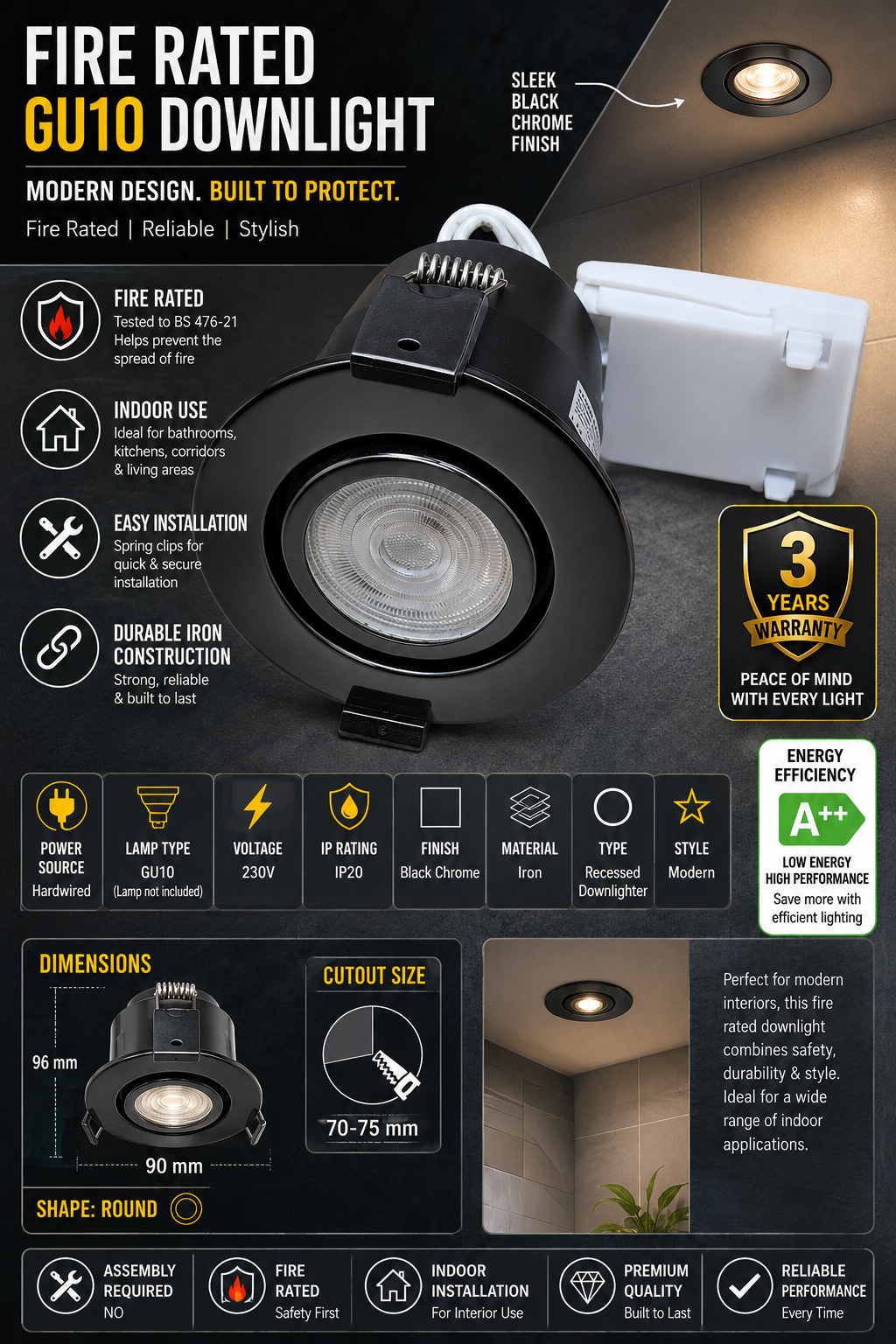 Tilt Fire Rated GU10 Twist Lock Low Profile Ceiling Downlight Black Chrome