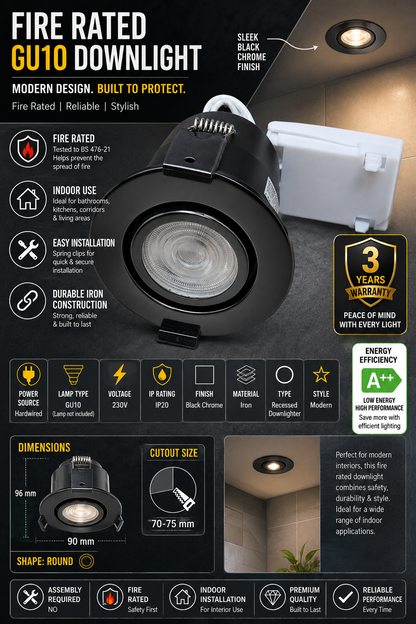 Tilt Fire Rated GU10 Twist Lock Low Profile Ceiling Downlight Black Chrome