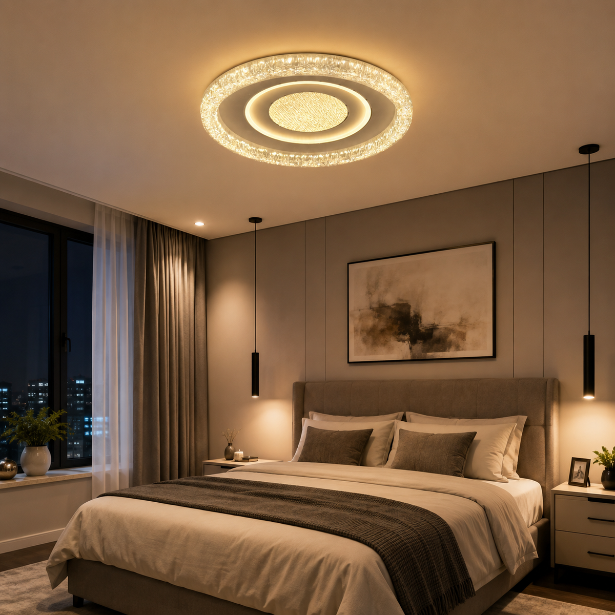 Warm flush-mounted circular LED ceiling light in a contemporary bedroom