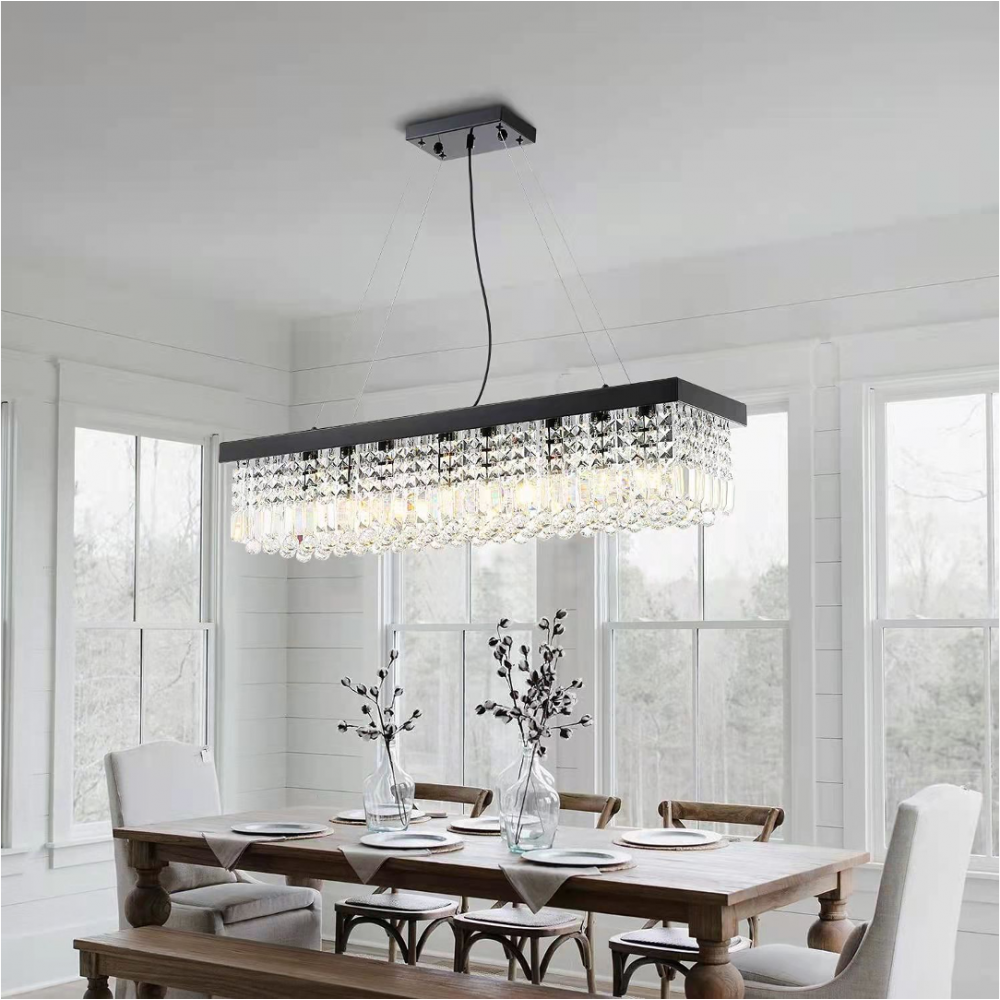 Contemporary Matt Black K9 Crystal Chandelier with Raindrop Design, Rectangular Ceiling Light - Light fixtures UK