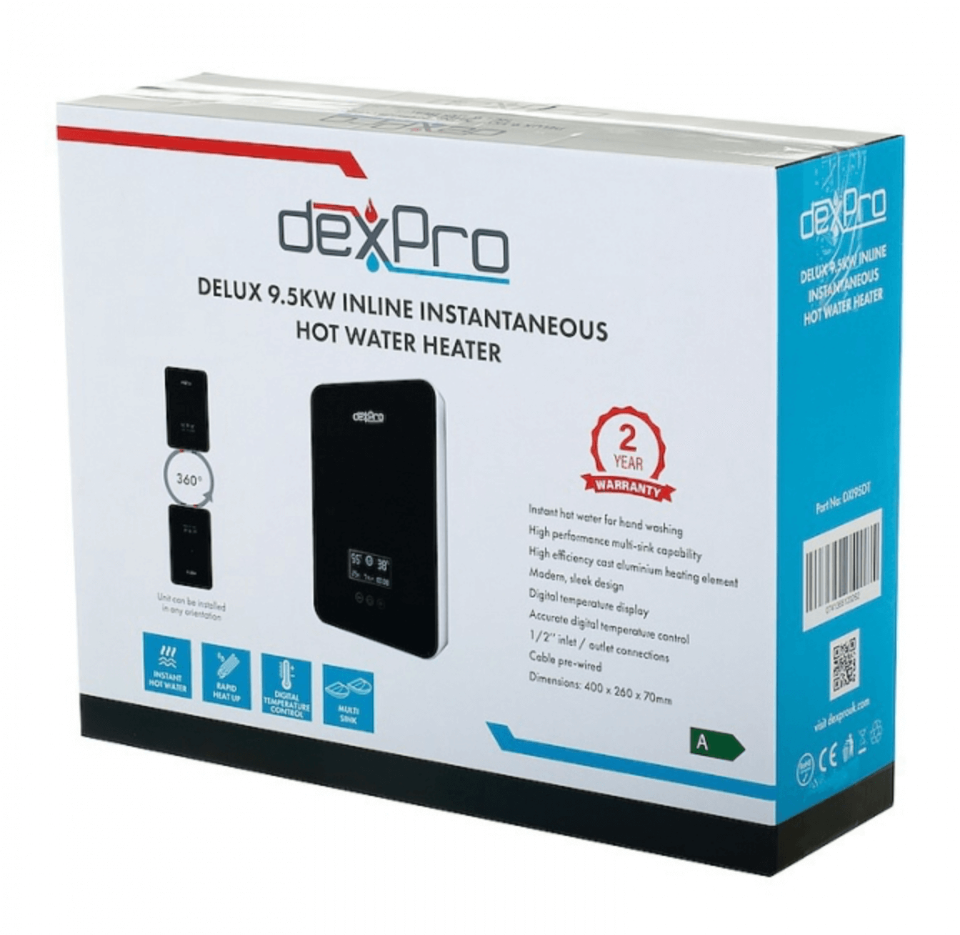 Dexpro Delux 9.5kW Digital Instant Water Heater packaging showcasing features and 2-year warranty.