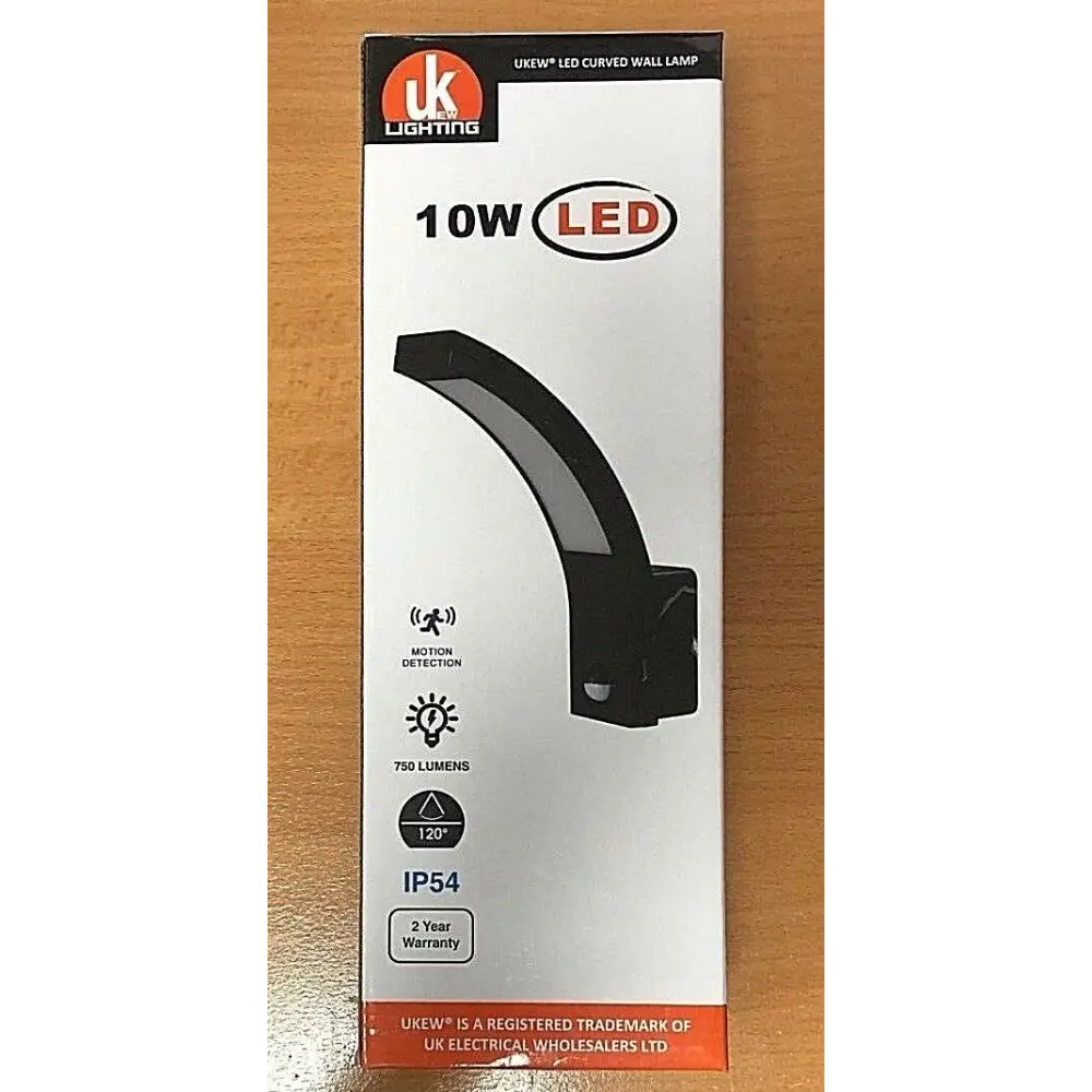 LED black curved PIR wall lamp 10W, Motion detector, IP54, 4000K Daylight UKEW