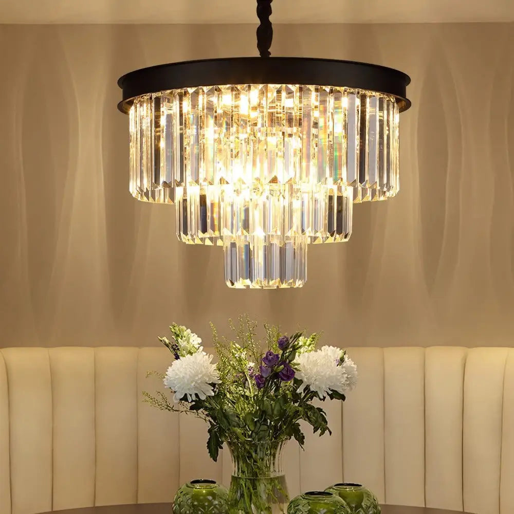 Crystal Droplet Chandelier with Luxurious Black Trim Finish Round 3-Tier K9 - Light fixtures UK
