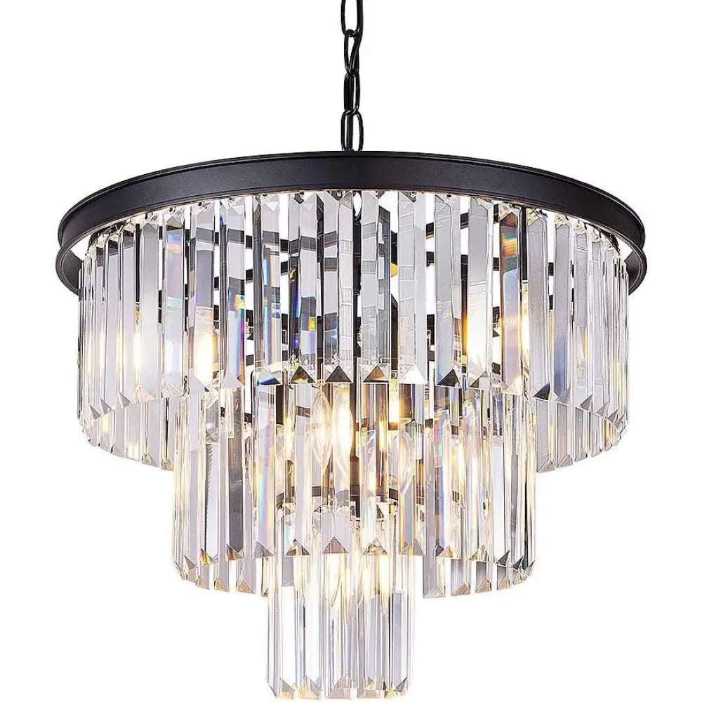 Crystal Droplet Chandelier with Luxurious Black Trim Finish Round 3-Tier K9 - Light fixtures UK