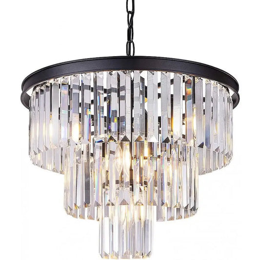 Crystal Droplet Chandelier with Luxurious Black Trim Finish Round 3-Tier K9 - Light fixtures UK