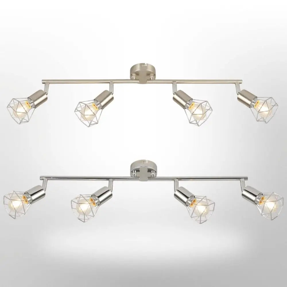 Cage ceiling light industrial 4-way fitting with straight bar and rotatable LED shades in chrome and satin finishes