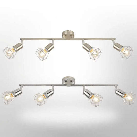 Cage ceiling light industrial 4-way fitting with straight bar and rotatable LED shades in chrome and satin finishes