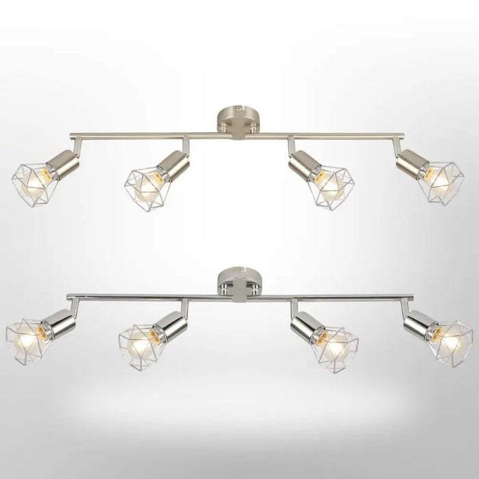 Cage ceiling light industrial 4-way fitting with straight bar and rotatable LED shades in chrome and satin finishes