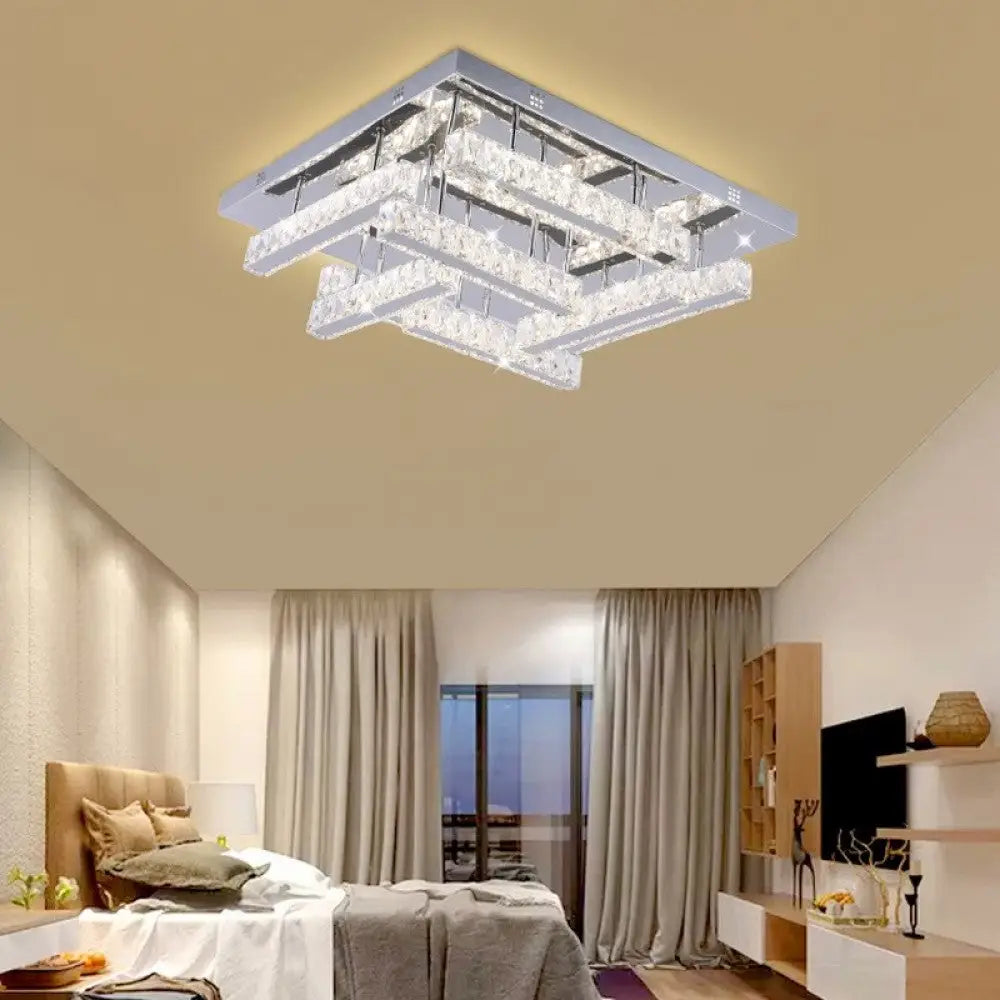 Crystal Square Flush Dimmable LED CCT Adjustable Chandelier Light Chrome UKEW
