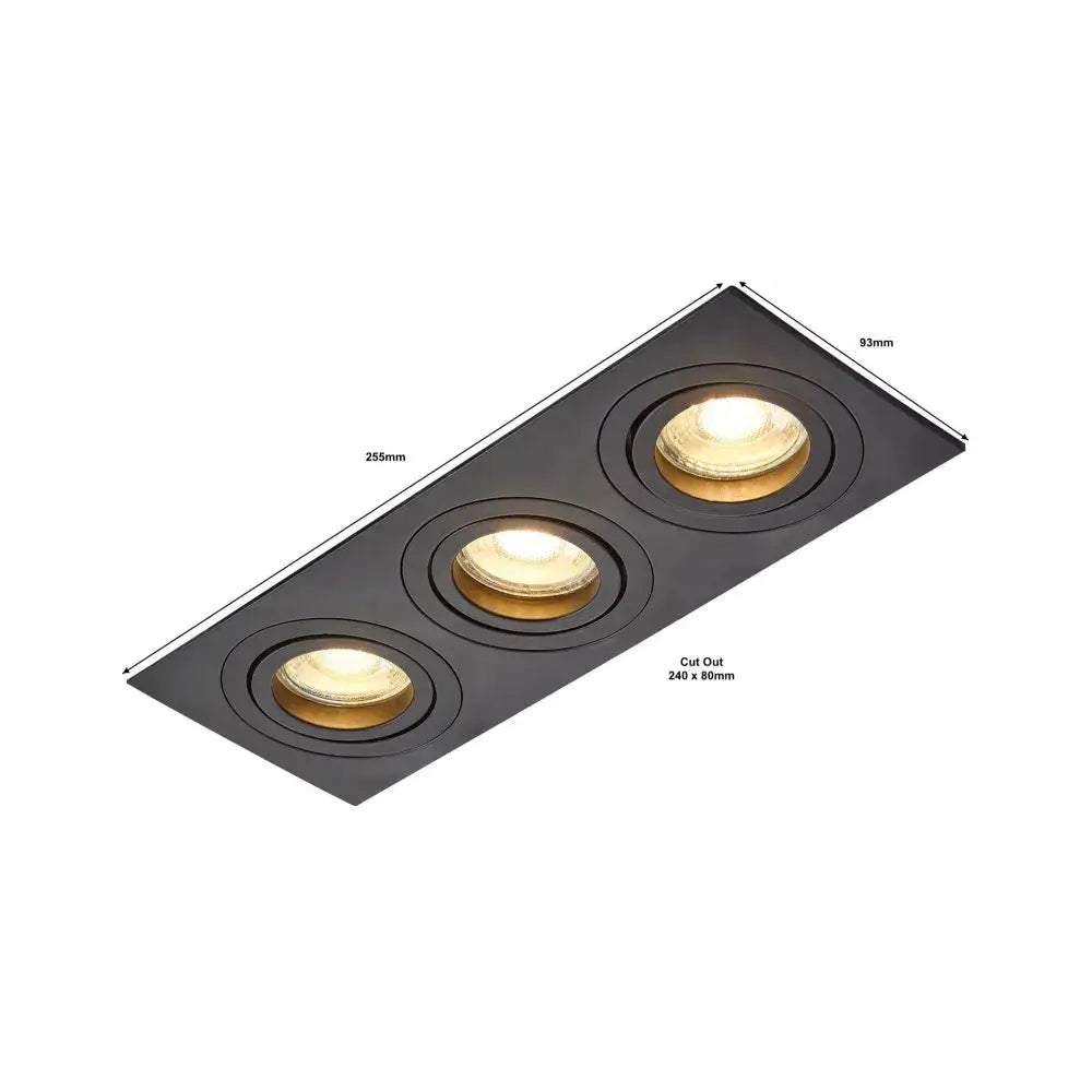 Square Triple GU10 Recessed Downlight Tilt in matt black finish with modern design and three light sockets for versatile lighting