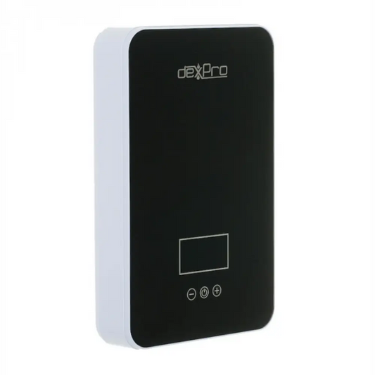 Digital instant water heater with adjustable temperature display and 9.5 kW heating capacity, compact black unit for efficient instant hot water