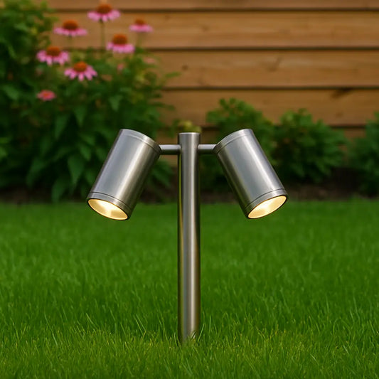 Garden spike lights with satin finish and twin adjustable heads for outdoor landscape lighting