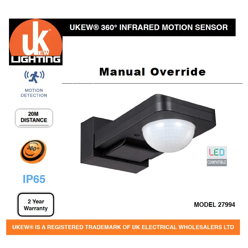 PIR Infrared Motion Sensor Black Outdoor 360 Degree manual override  IP65 UKEW