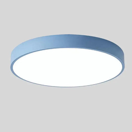 Blue 36 W LED ceiling light with flush mount and colour changing via wall switch, featuring frosted diffuser and modern design.