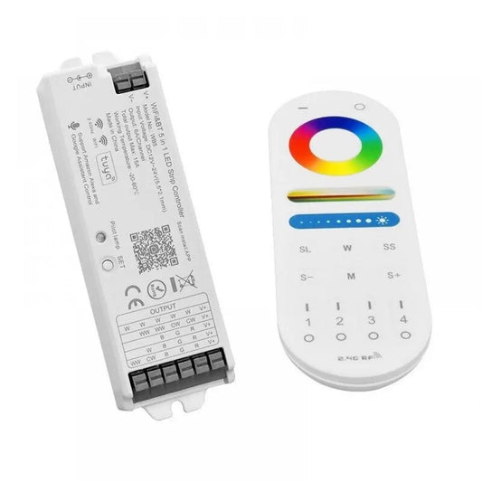 LED strip controller with 12-24V DC input and RF remote for RGB and RGBW strip lighting