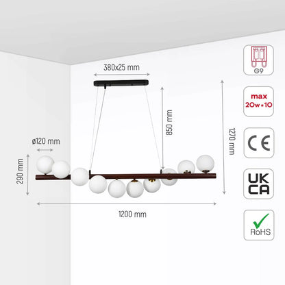 Walnut Wood Finish Metal Body Opal Glass Globes Kitchen Island Chandelier Ceiling Light 10xG9 Fitting