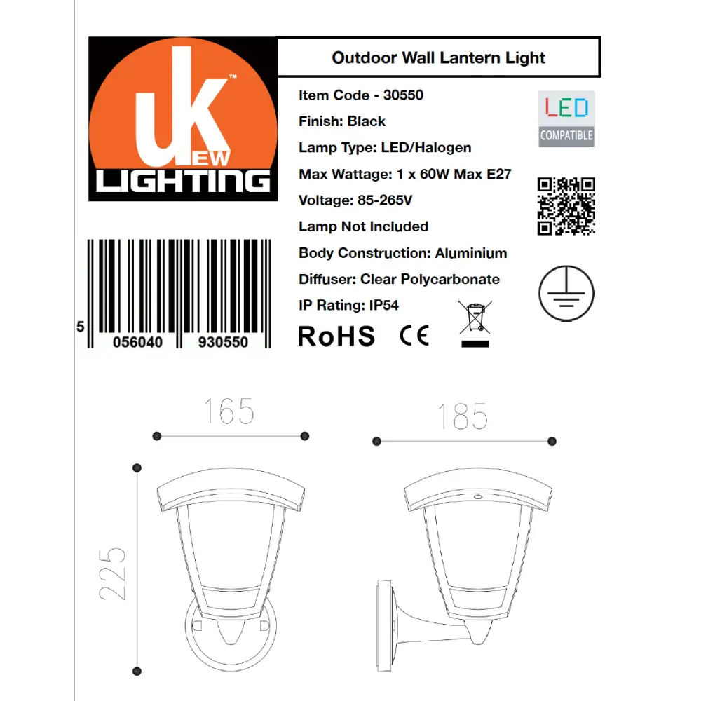 Modern Black LED Outdoor Wall Light IP54 Garden Lantern UKEW lighting